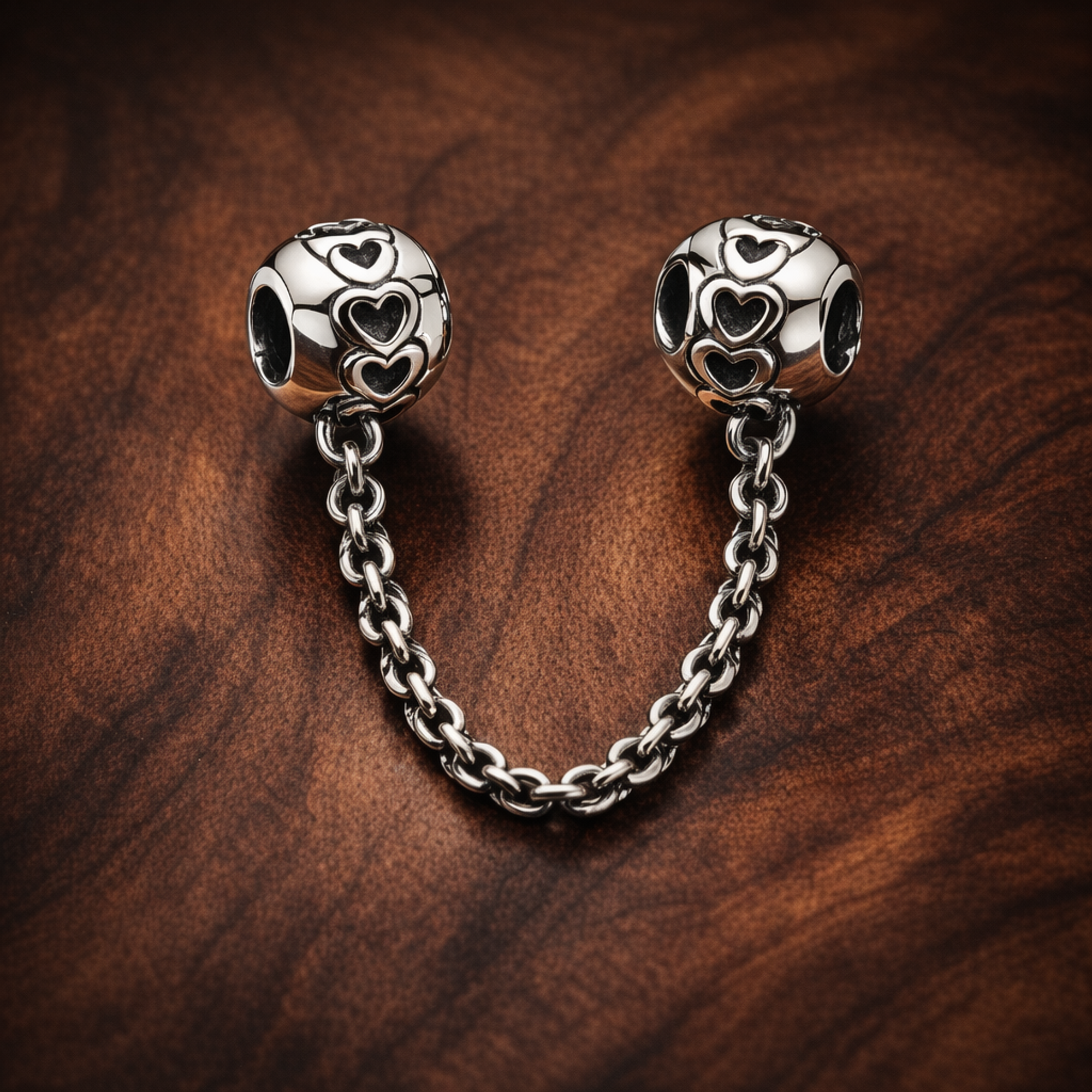 Silver Swirl Safety Chain Charm - Silver Swirl Safety Chain Charm — display on walnut