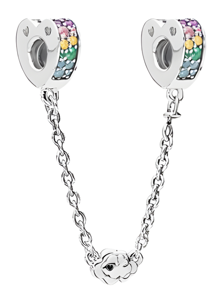 Sterling Silver Rainbow Heart Safety Chain Charm with Multicolor Stones