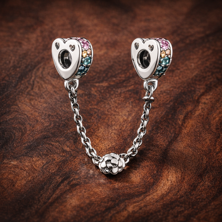 Rainbow Arc Safety Chain Charm - Rainbow Arc Safety Chain Charm — display on walnut