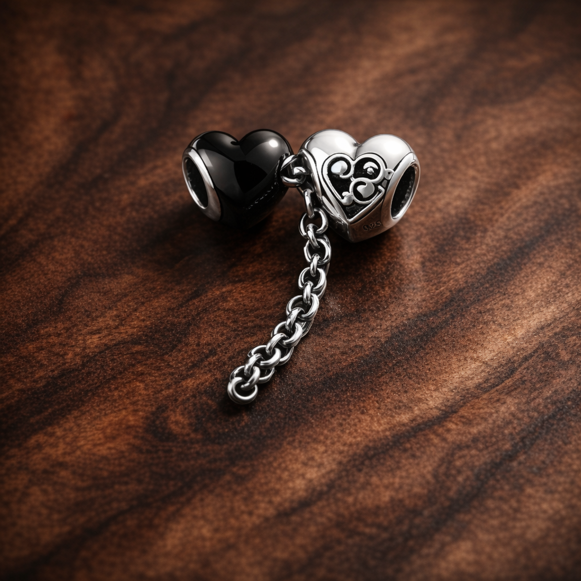 Bow Safety Chain Charm - Bow Safety Chain Charm — display on walnut