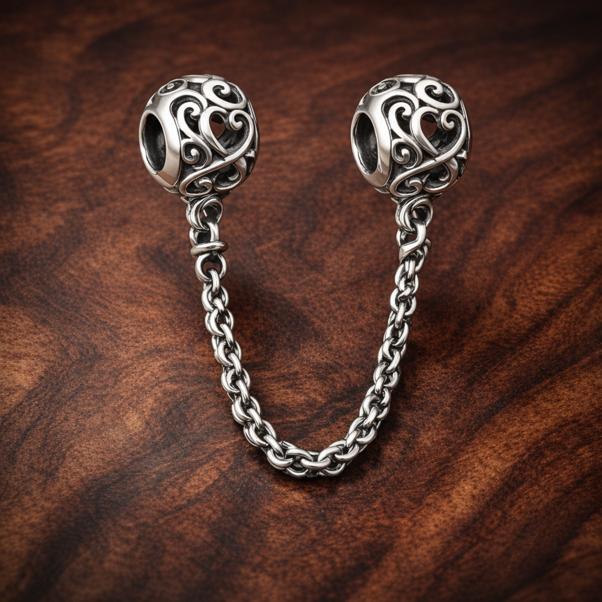 Scroll Heart Safety Chain Charm - Scroll Heart Safety Chain Charm — display on walnut