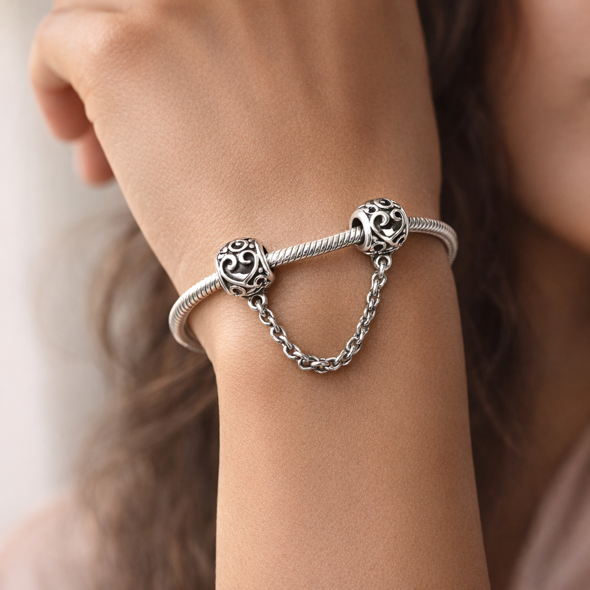 Scroll Heart Safety Chain Charm - Scroll Heart Safety Chain Charm — worn on wrist
