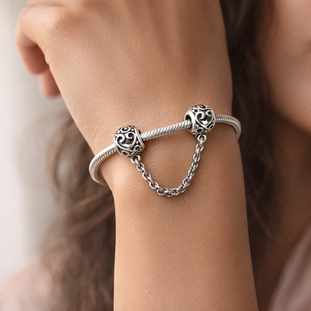 Scroll Heart Safety Chain Charm - Scroll Heart Safety Chain Charm — worn on wrist
