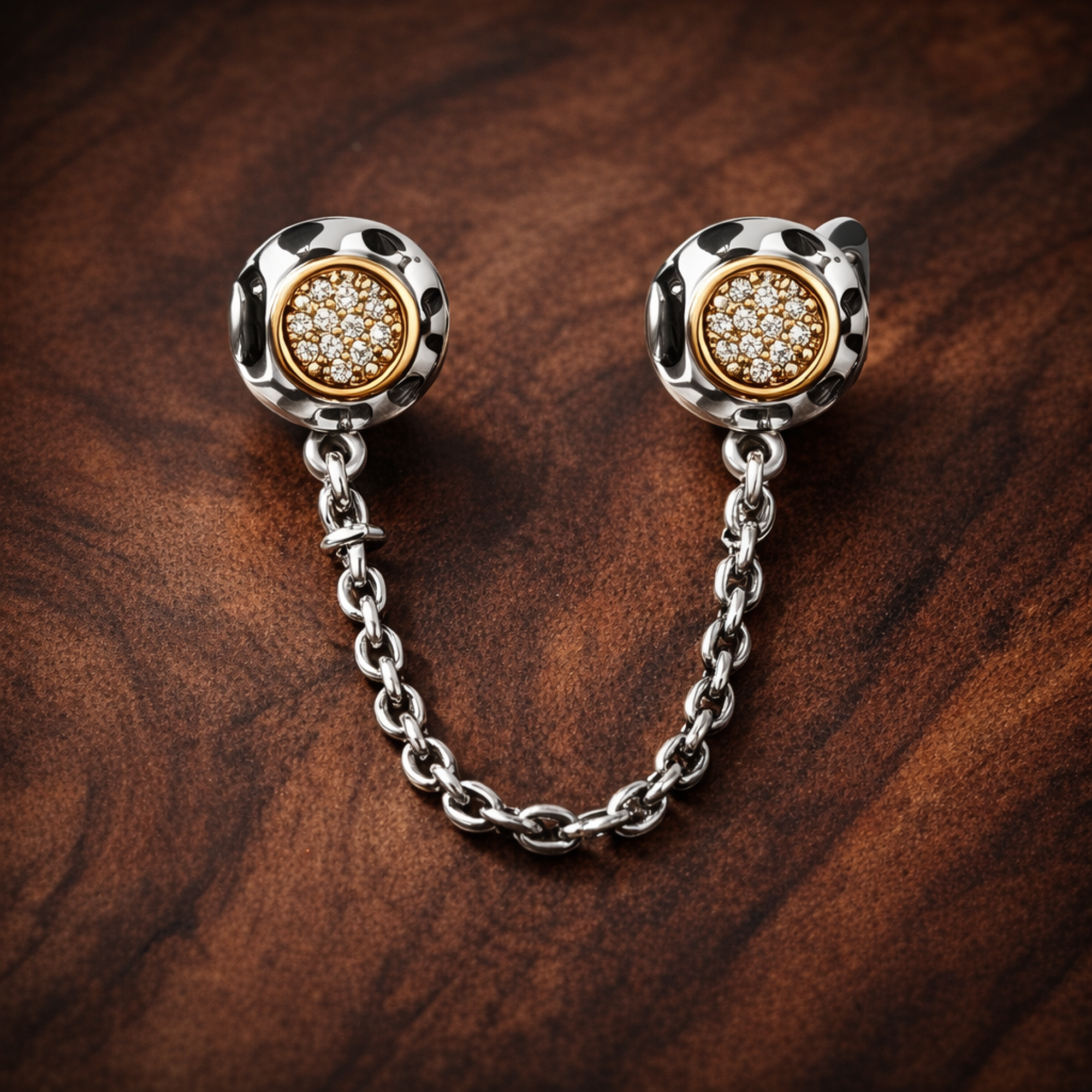 Gold Plated Sunburst Safety Chain Charm - Gold Plated Sunburst Safety Chain Charm — display on walnut