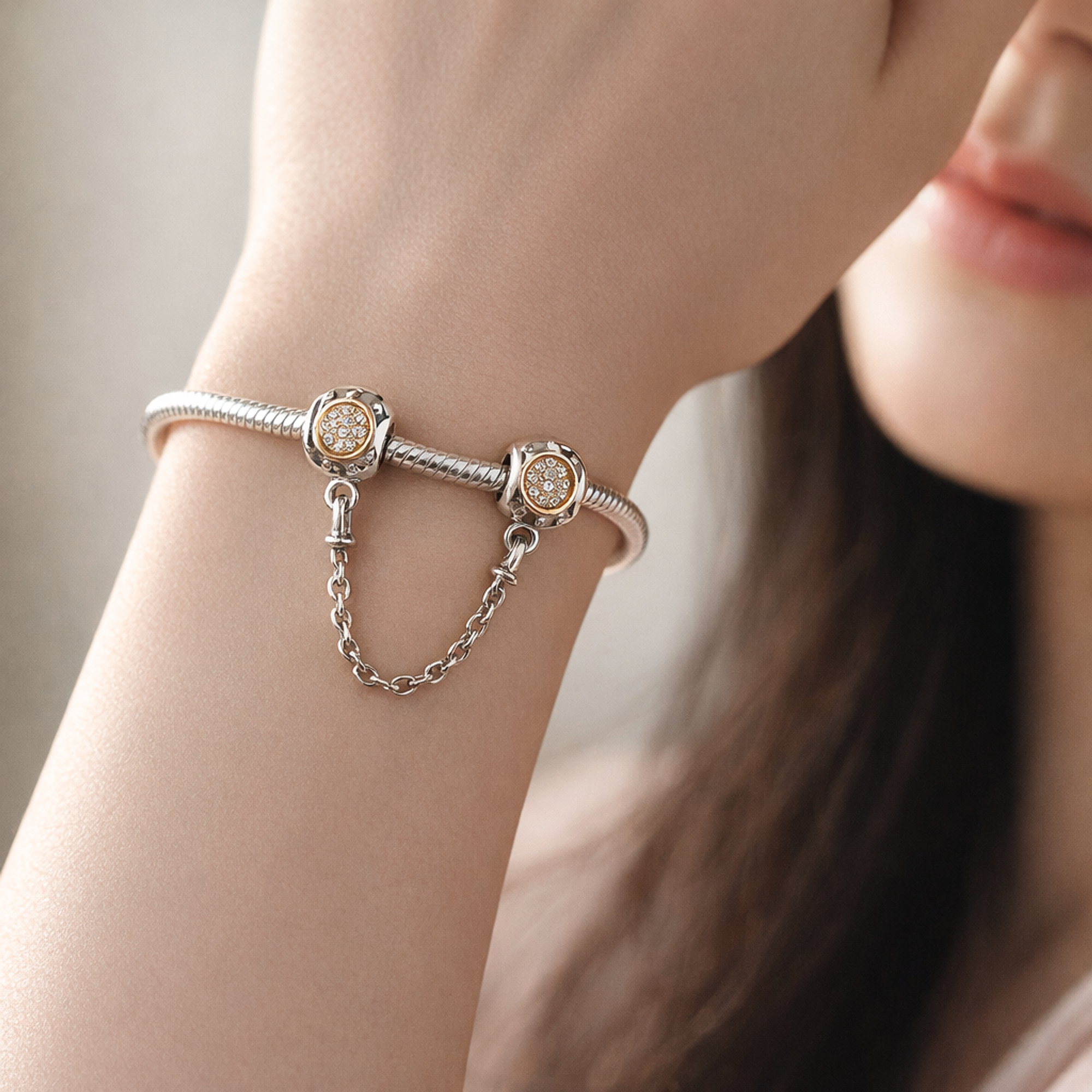Gold Plated Sunburst Safety Chain Charm - Gold Plated Sunburst Safety Chain Charm — worn on wrist