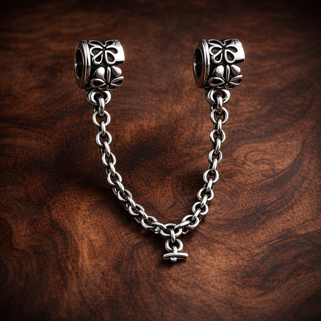 Silver Floral Safety Chain Charm - Silver Floral Safety Chain Charm — display on walnut