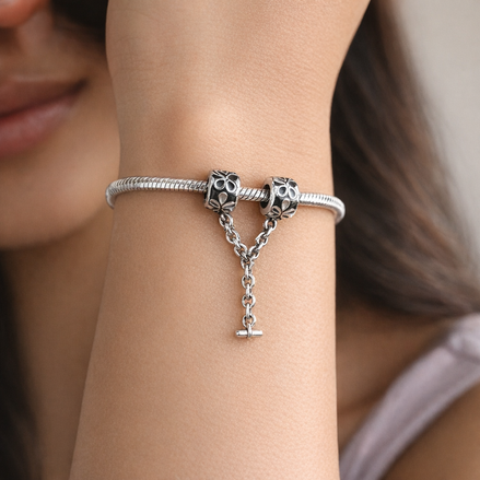 Silver Floral Safety Chain Charm - Silver Floral Safety Chain Charm — worn on wrist