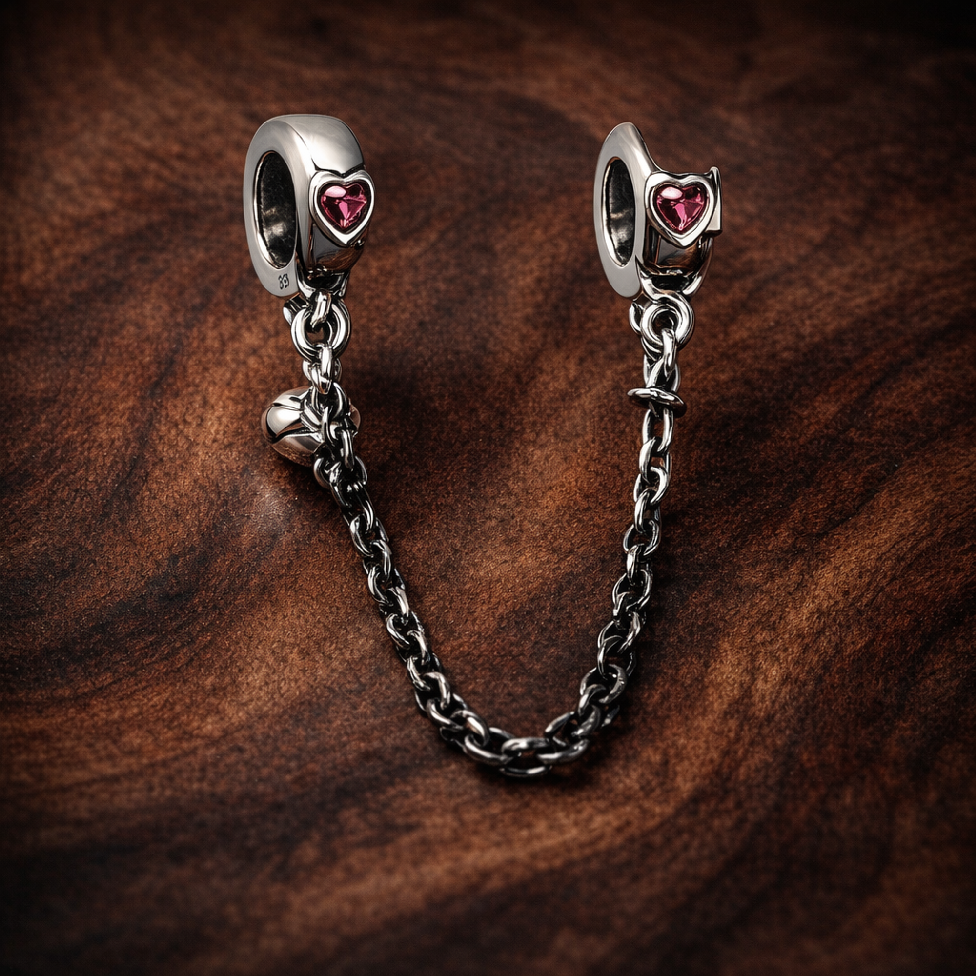 Pink Heart Safety Chain Charm - Pink Heart Safety Chain Charm — display on walnut