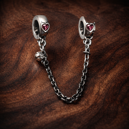 Pink Heart Safety Chain Charm - Pink Heart Safety Chain Charm — display on walnut