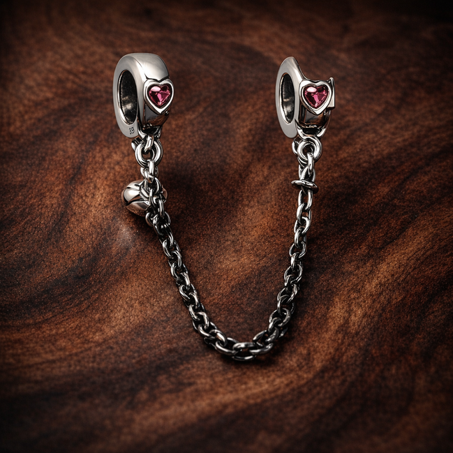 Pink Heart Safety Chain Charm - Pink Heart Safety Chain Charm — display on walnut