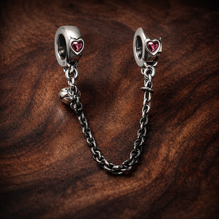 Pink Heart Safety Chain Charm - Pink Heart Safety Chain Charm — display on walnut