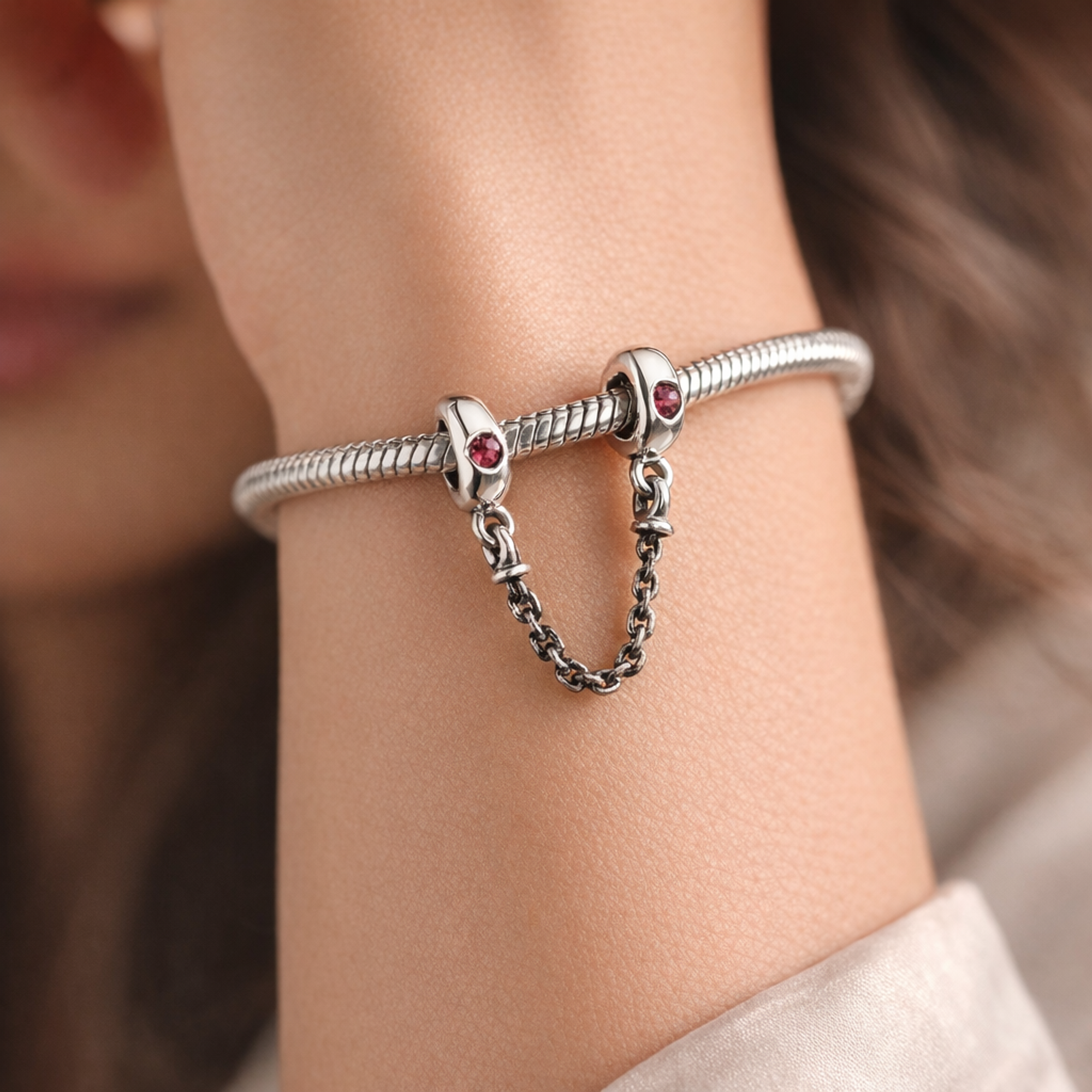 Pink Heart Safety Chain Charm - Pink Heart Safety Chain Charm — worn on wrist