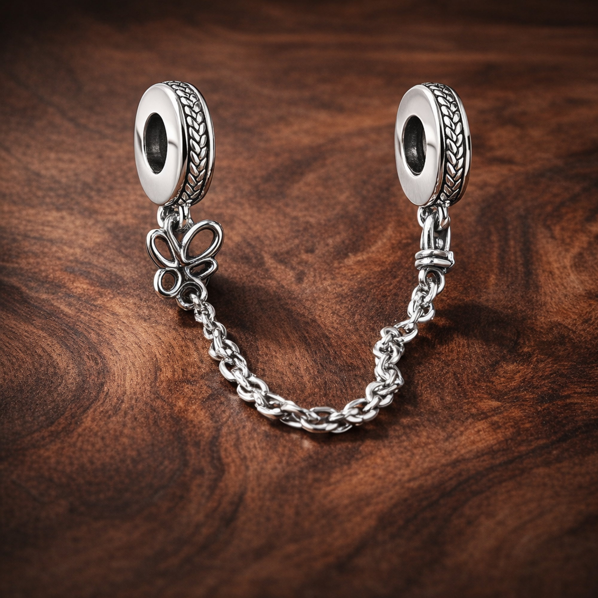 Butterfly Safety Chain Charm - Butterfly Safety Chain Charm — display on walnut