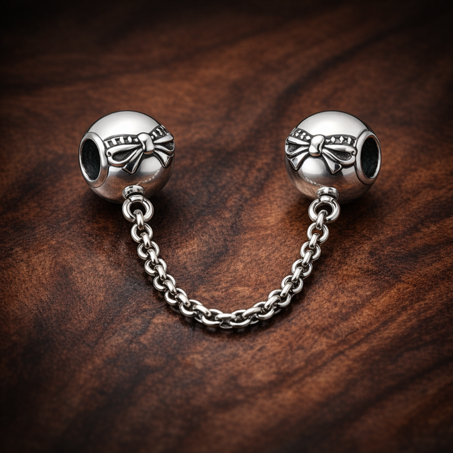 Bow Safety Chain Charm - Bow Safety Chain Charm — display on walnut