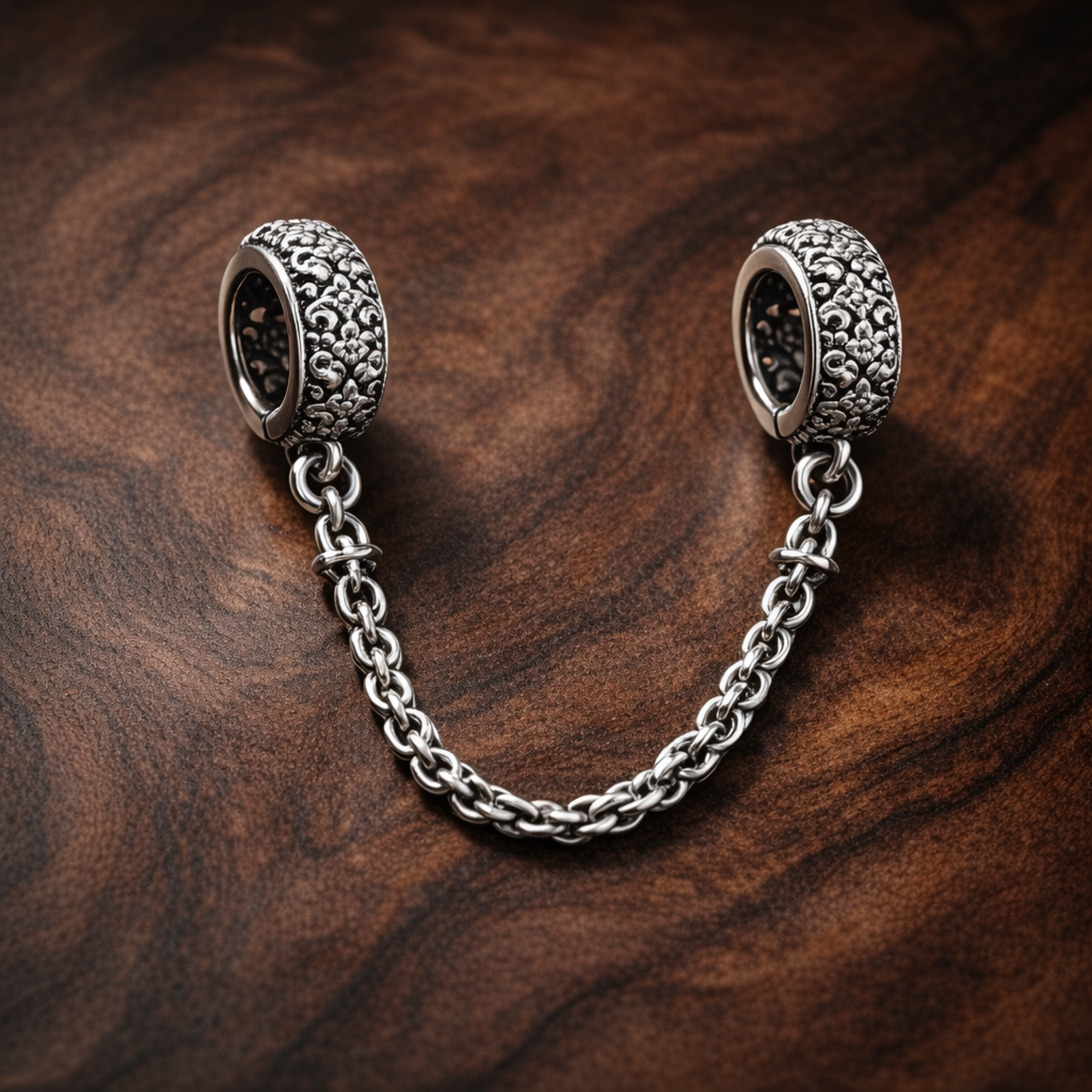 Pav? Barrel Safety Chain Charm - Pav? Barrel Safety Chain Charm — display on walnut
