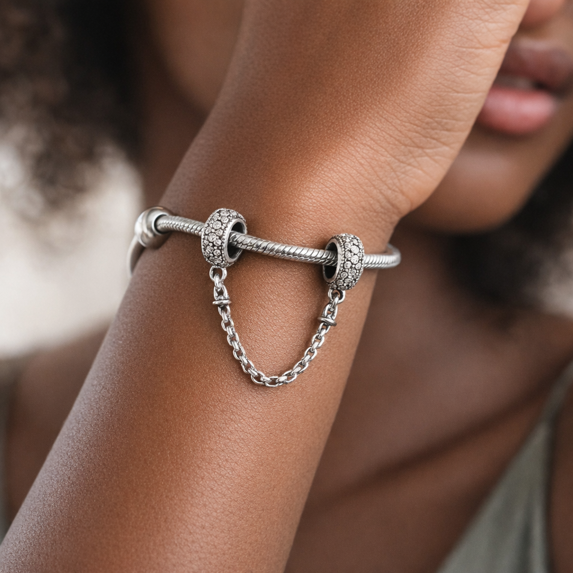 Pav? Barrel Safety Chain Charm - Pav? Barrel Safety Chain Charm — worn on wrist