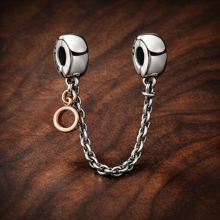 Rose Circle Safety Chain Charm - Rose Circle Safety Chain Charm — display on walnut