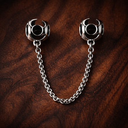 Round Ring Safety Chain Charm - Round Ring Safety Chain Charm — display on walnut