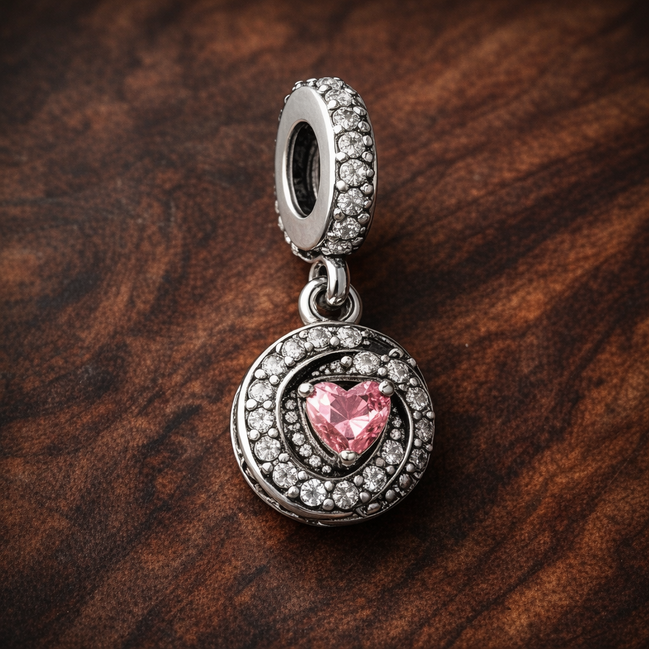 Pink Family Heart Dangle Charm - Pink Family Heart Dangle Charm — display on walnut