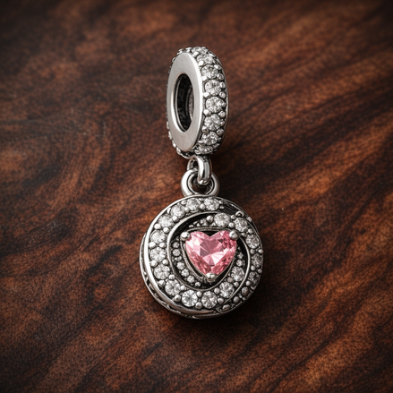 Pink Family Heart Dangle Charm - Pink Family Heart Dangle Charm — display on walnut