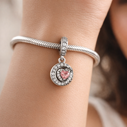 Pink Family Heart Dangle Charm - Pink Family Heart Dangle Charm — worn on wrist