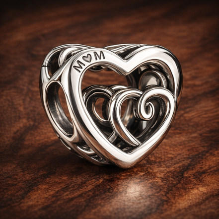 Entwined Infinite Hearts Charm — display on walnut