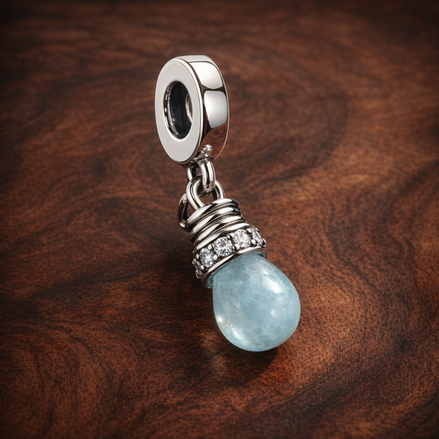 Baby Bottle Blue Dangle Charm - Baby Bottle Blue Dangle Charm — display on walnut