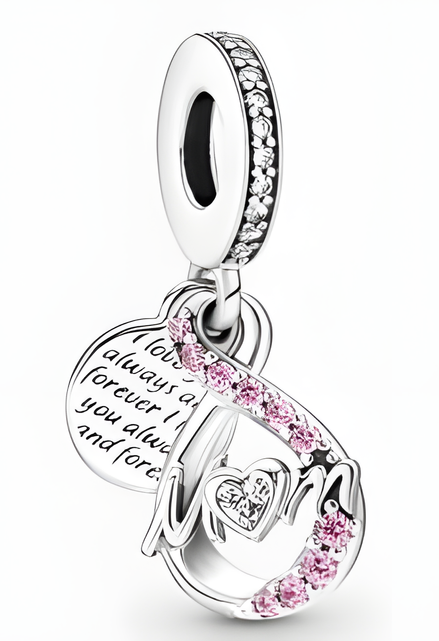 Sterling Silver Mom Script Dangle Charm with Pink Sparkling Stones