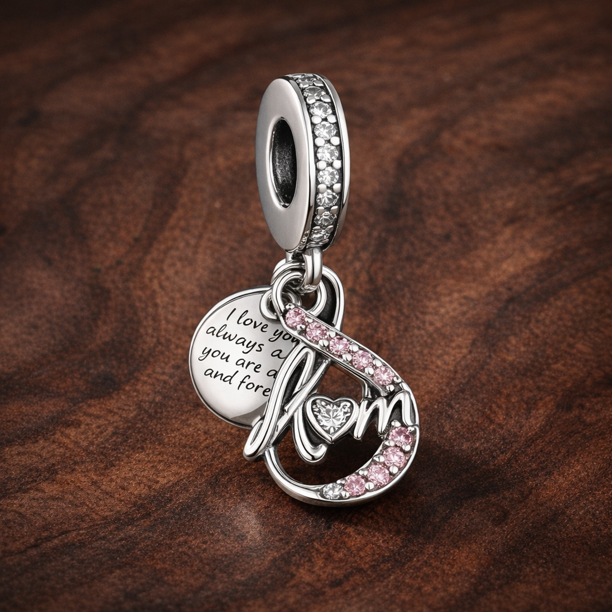 Love Note Heart Dangle Charm - Love Note Heart Dangle Charm — display on walnut