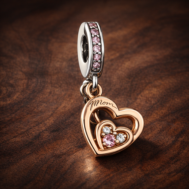 Mom Heart Double Dangle Charm - Mom Heart Double Dangle Charm — display on walnut