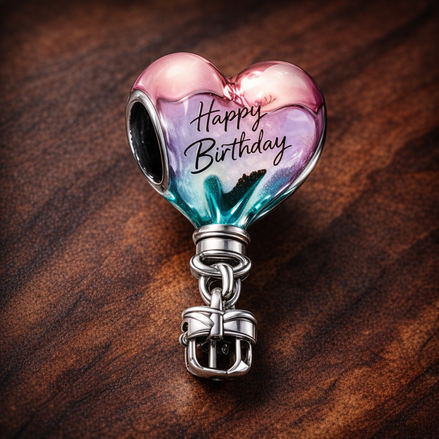 Happy Birthday Hot Air Balloon Charm — display on walnut