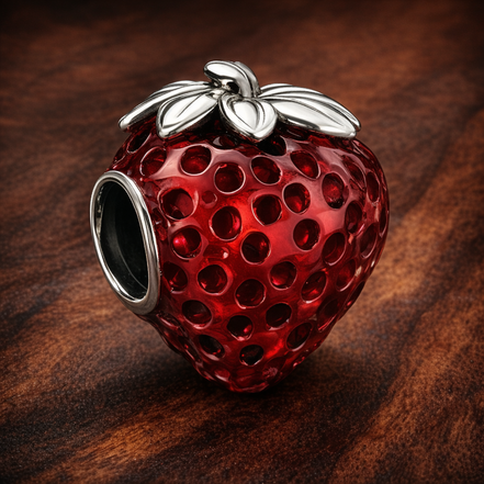 Seeded Strawberry Fruit Charm — display on walnut