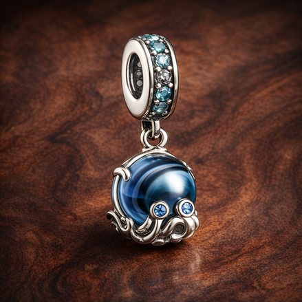 Murano Glass Cute Octopus Dangle Charm — display on walnut
