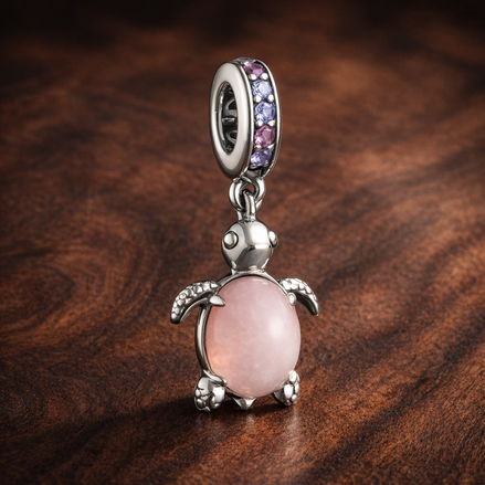 Pink Turtle Dangle Charm - Pink Turtle Dangle Charm — display on walnut