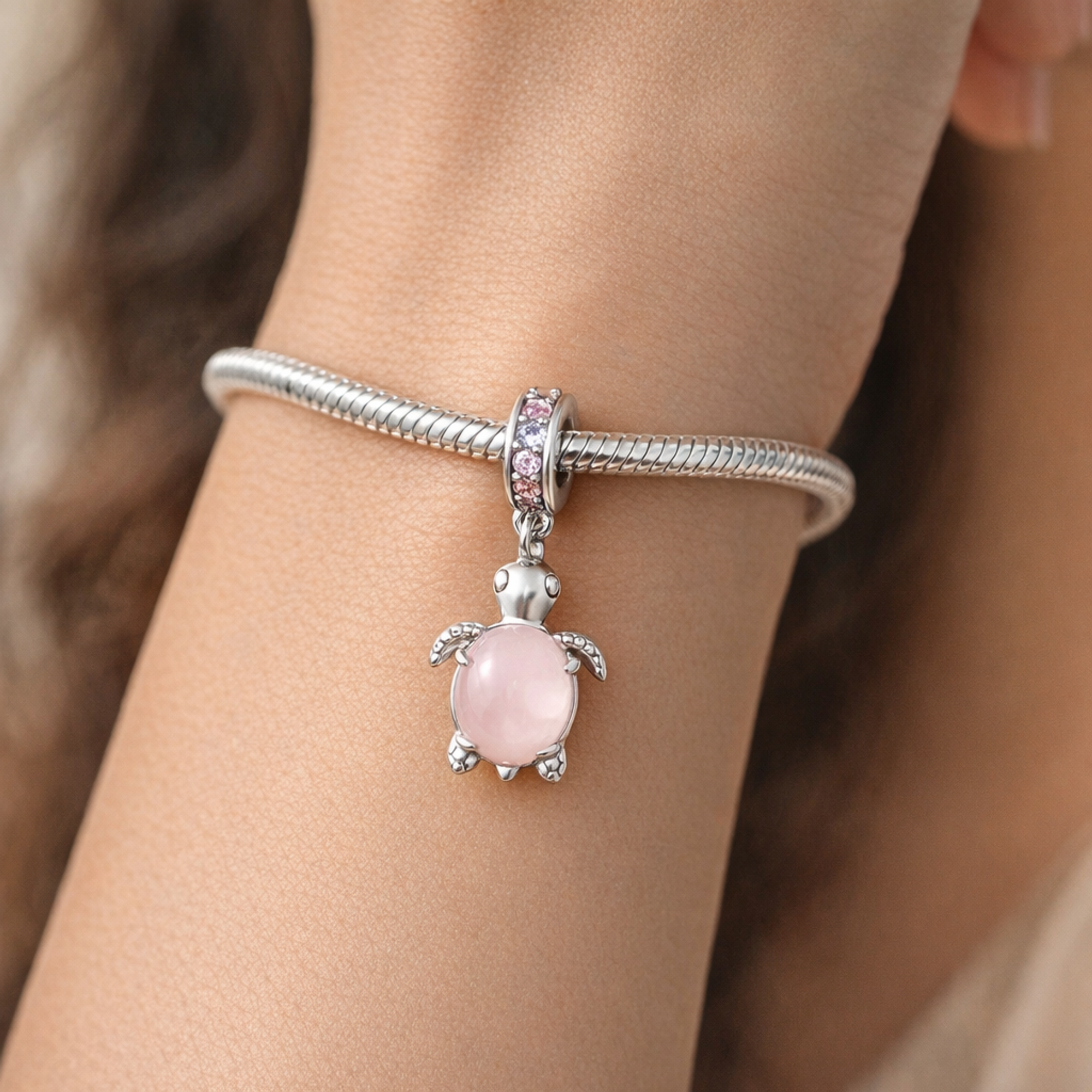 Pink Turtle Dangle Charm - Pink Turtle Dangle Charm — worn on wrist