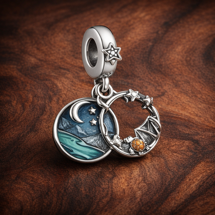 Ocean Wave Double Dangle Charm - Ocean Wave Double Dangle Charm — display on walnut