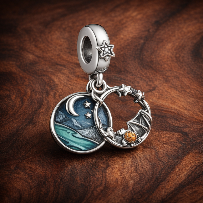 Ocean Wave Double Dangle Charm - Ocean Wave Double Dangle Charm — display on walnut