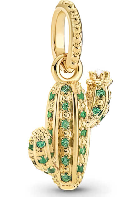 Gold Plated Cactus Dangle Charm with Green Sparkling Stones