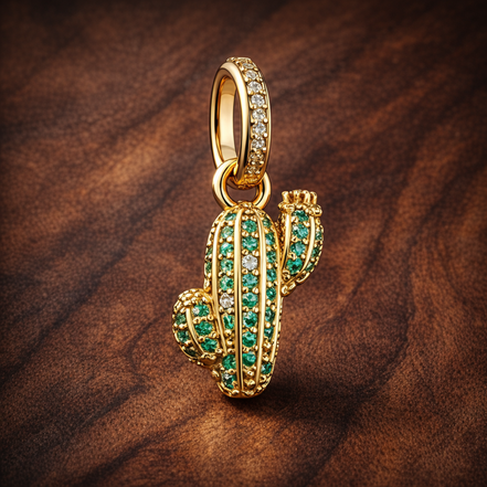 Gold Plated Cactus Dangle Charm - Gold Plated Cactus Dangle Charm — display on walnut