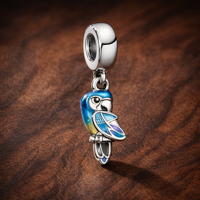 Colourful Parrot - Sterling Silver Colourful Enamel Parrot Dangle Charm — display on walnut
