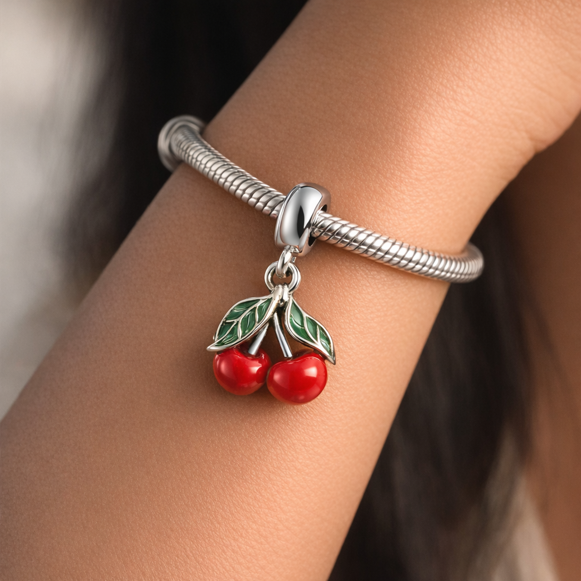 Asymmetrical Cherry Fruit Dangle Charm — worn on wrist