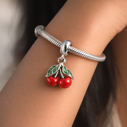 Asymmetrical Cherry Fruit Dangle Charm — worn on wrist