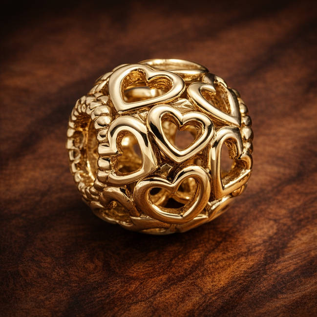 Openwork Heart Charm — display on walnut