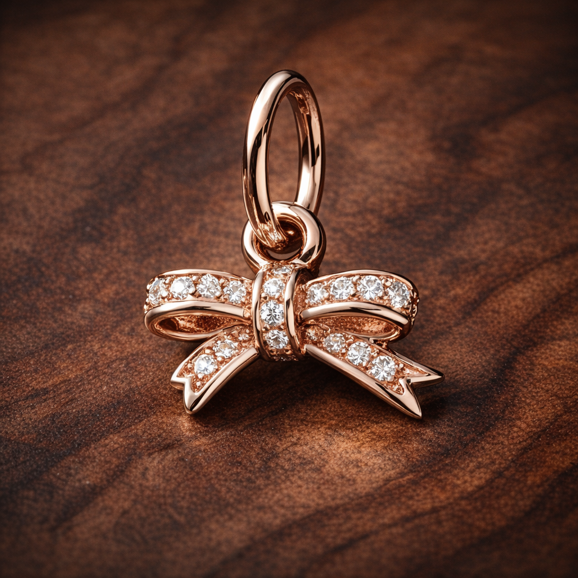 Rose Pav? Bow Dangle Charm - Rose Pav? Bow Dangle Charm — display on walnut