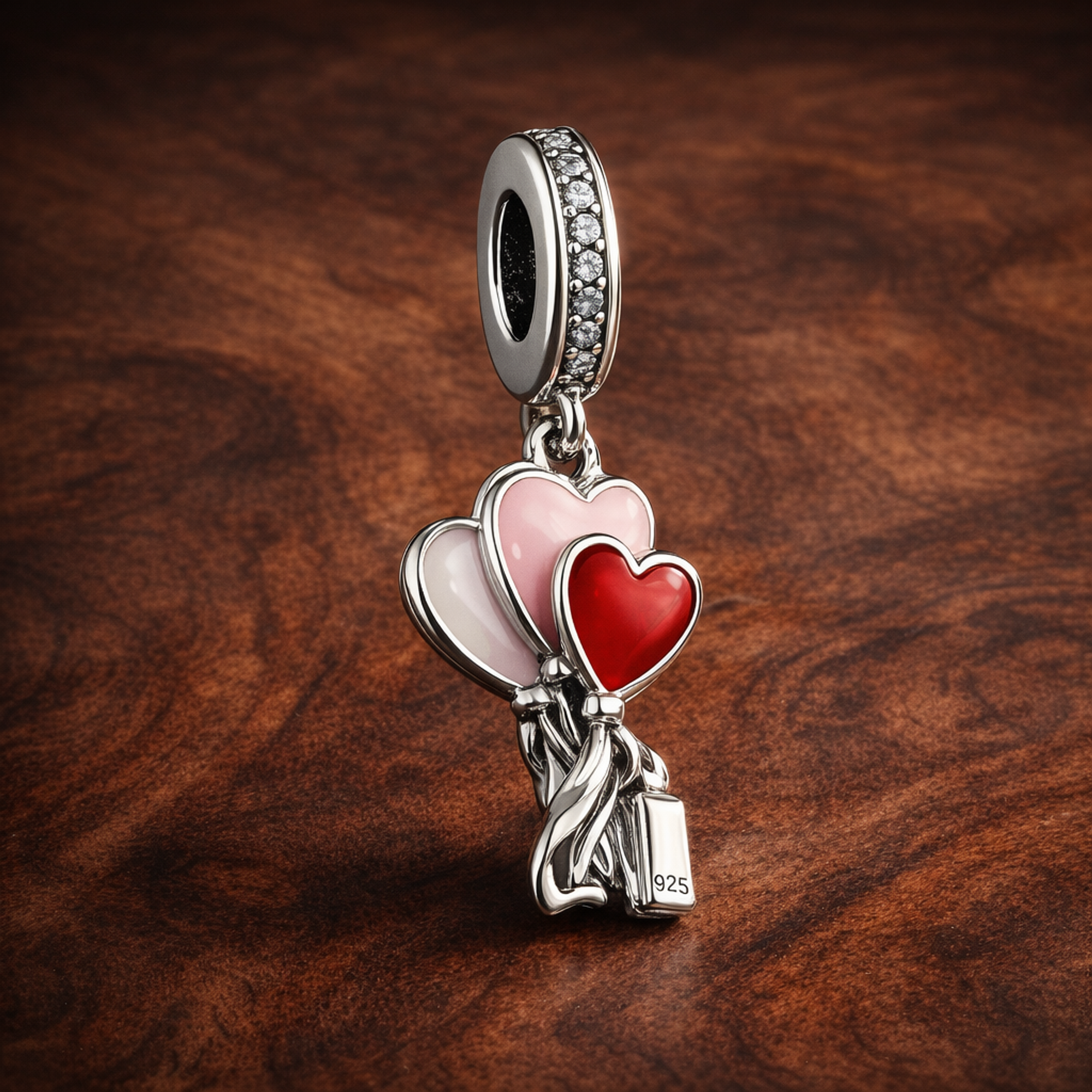 Happy Bday Balloon Dangle Charm — display on walnut