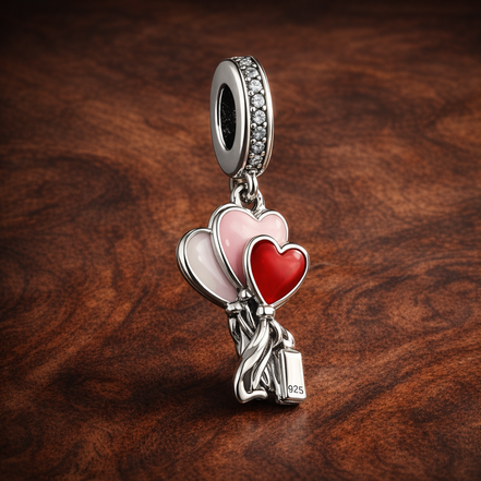 Happy Bday Balloon Dangle Charm — display on walnut