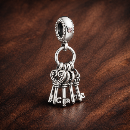 Love Letter Trio Dangle Charm - Love Letter Trio Dangle Charm — display on walnut