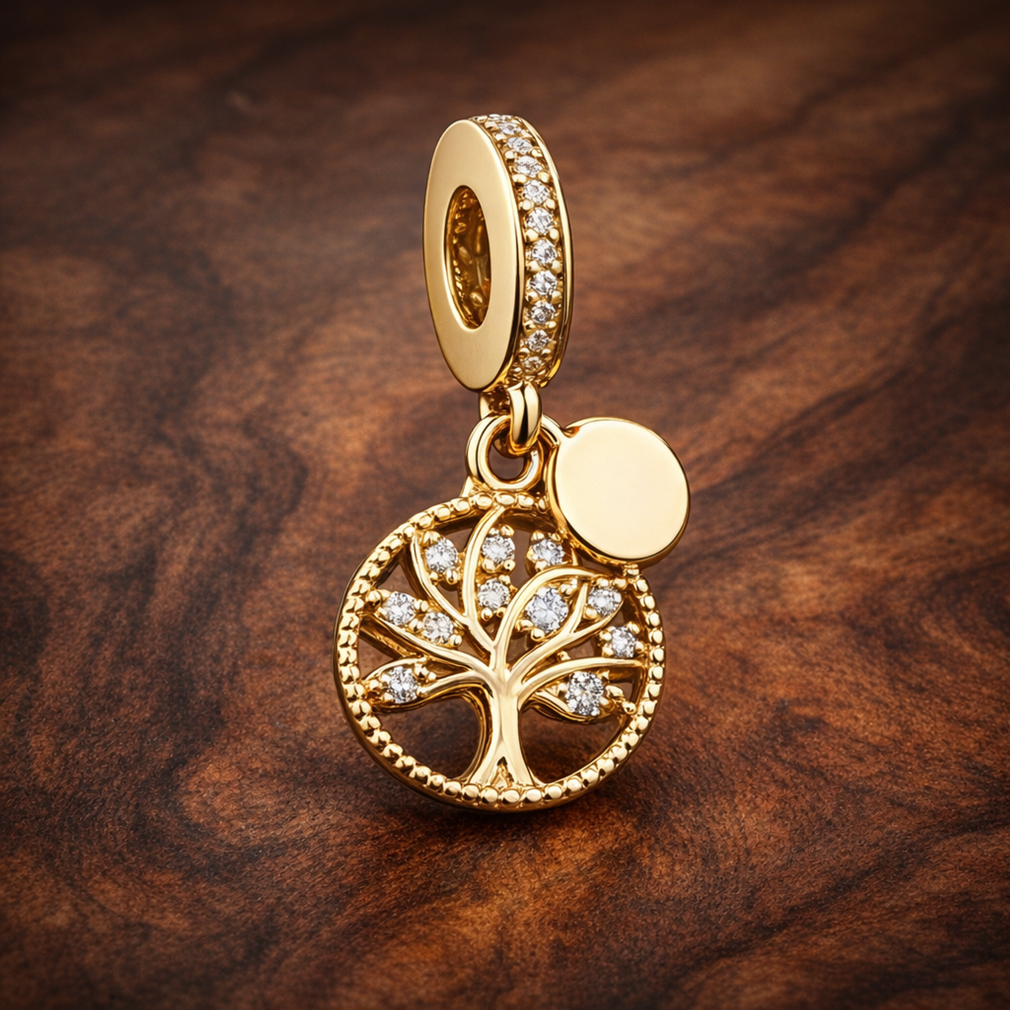 Sparkling Family Tree Dangle Charm — display on walnut