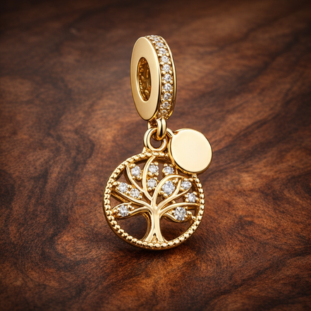 Sparkling Family Tree Dangle Charm — display on walnut