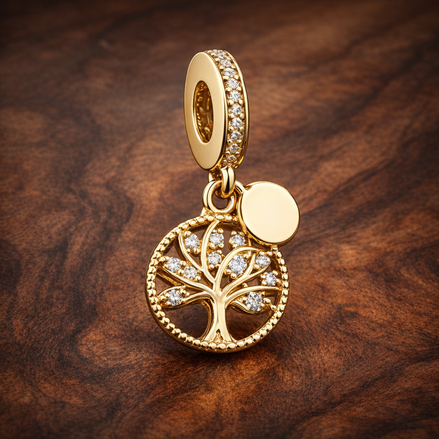 Sparkling Family Tree Dangle Charm — display on walnut